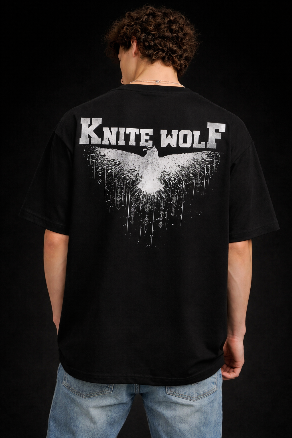 Knite Wolf Men’s Black Oversized Graphic Printed T-Shirt – Back Print Streetwear Tee
