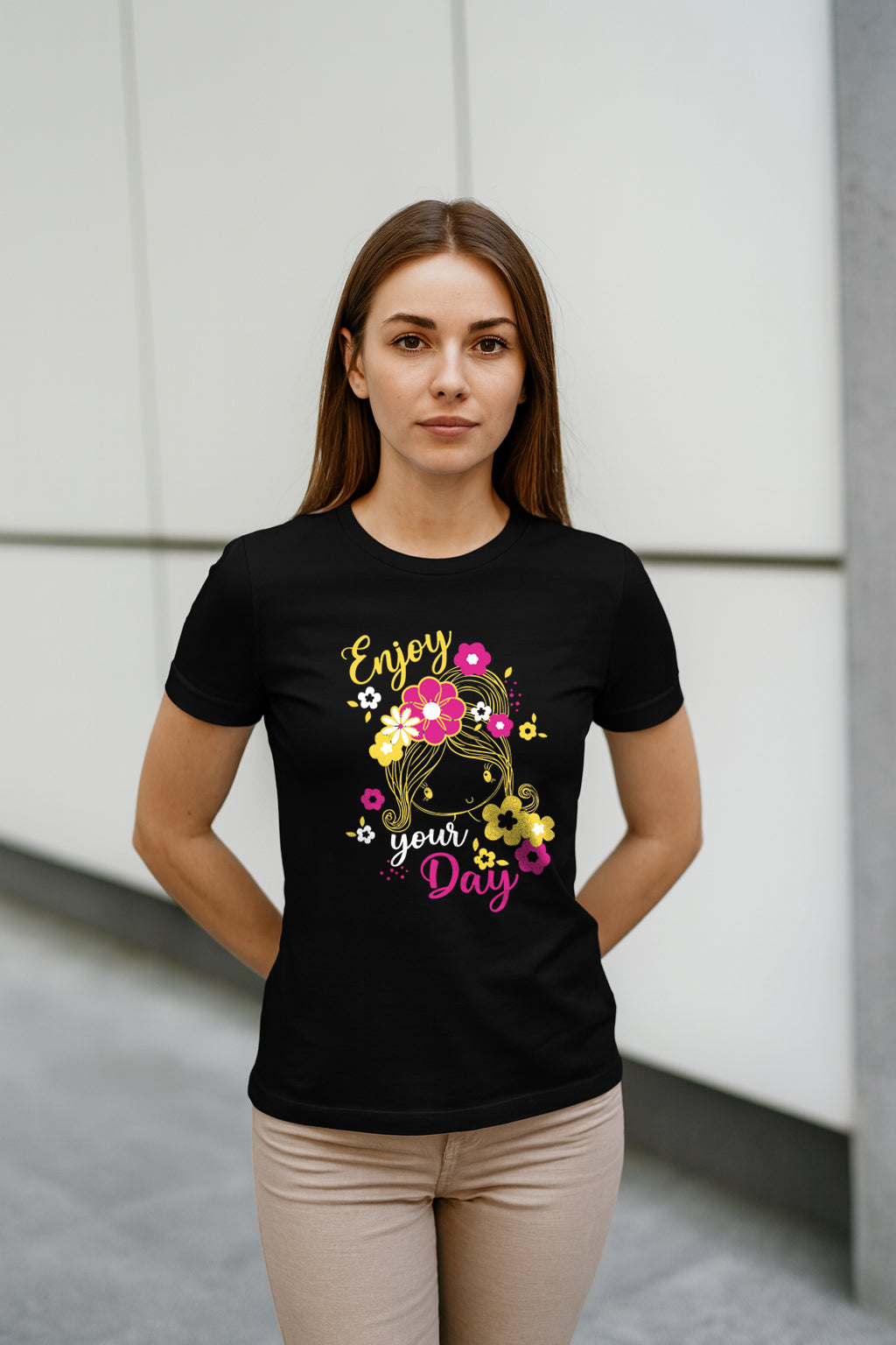 Women’s “Enjoy Your Day” Graphic T-Shirt – Cute Floral Print Tee