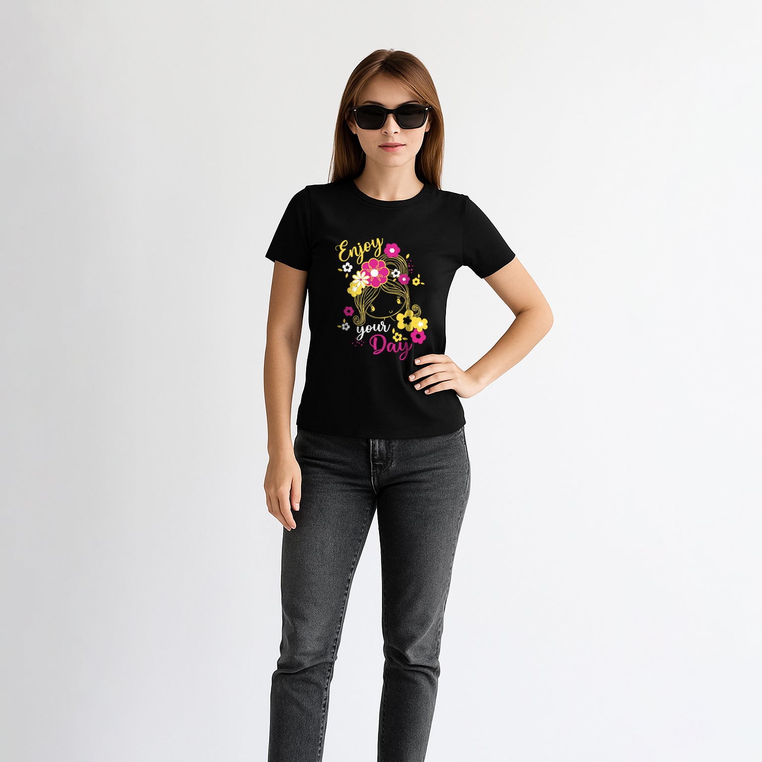 Women’s “Enjoy Your Day” Graphic T-Shirt – Cute Floral Print Tee
