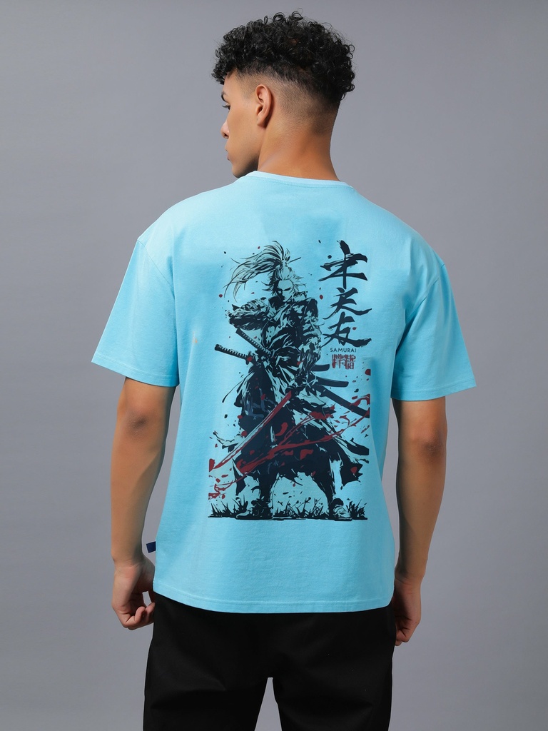 Knite wolf Mens overize premium t-shirt Samurai warrior print 180 gsm  Blue