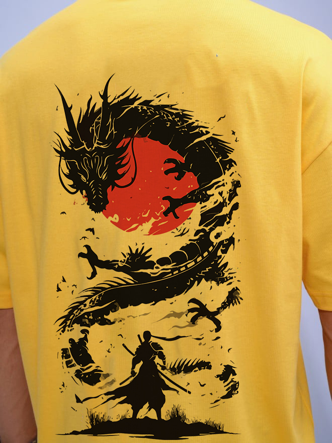 Knite wolf Mens overize premium t-shirt Dragon print 180 gsm  Yellow
