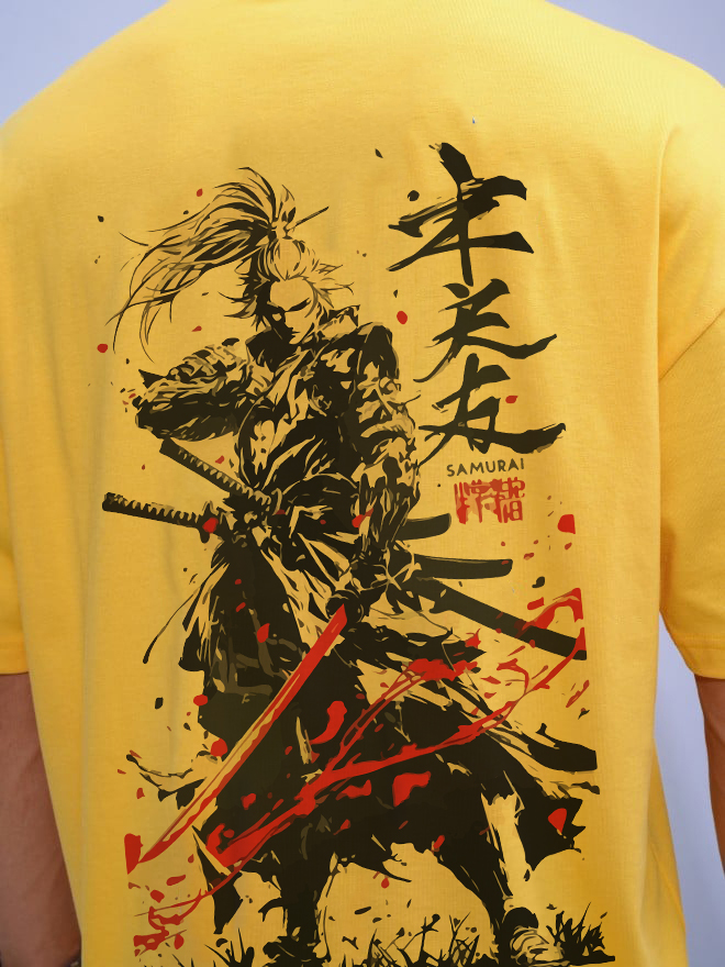 Knite wolf Mens overize premium t-shirt Samurai warrior print 180 gsm  Yellow