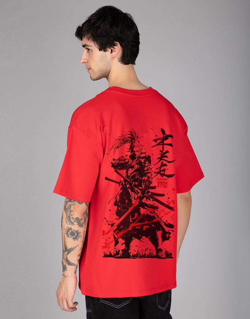 Knite wolf Mens overize premium t-shirt Samurai warrior print 180 gsm  Red