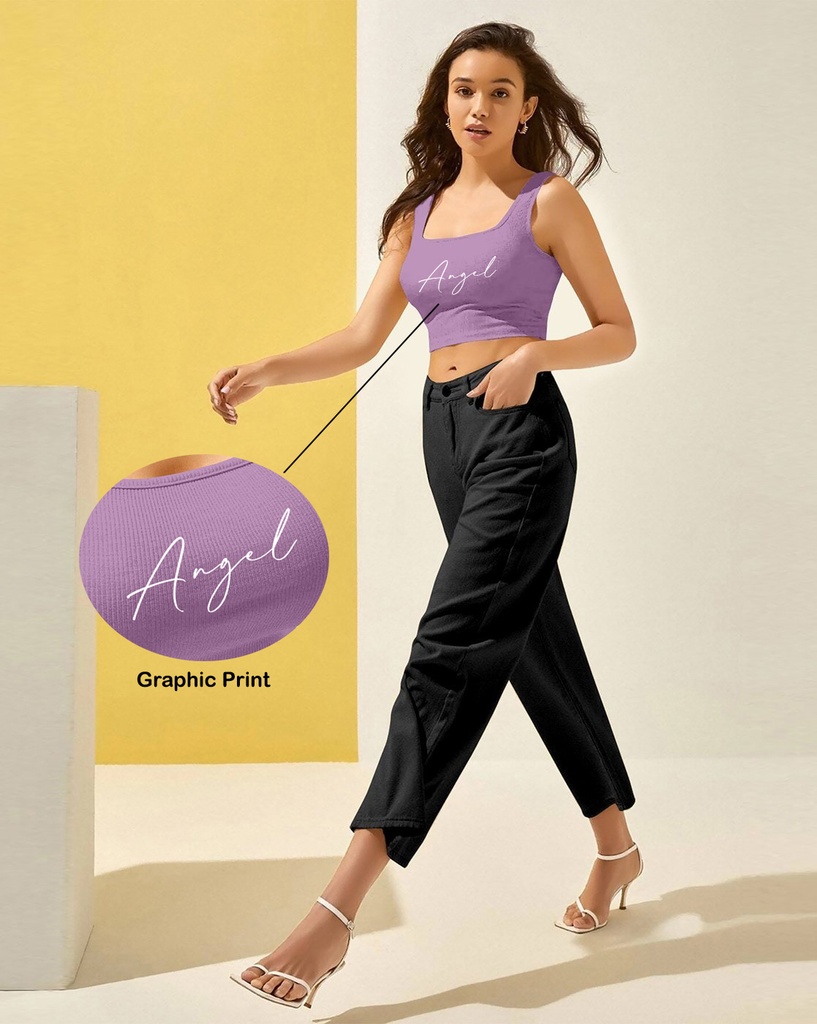 Knite Wolf Women Crop top scoop neck with graphic texture