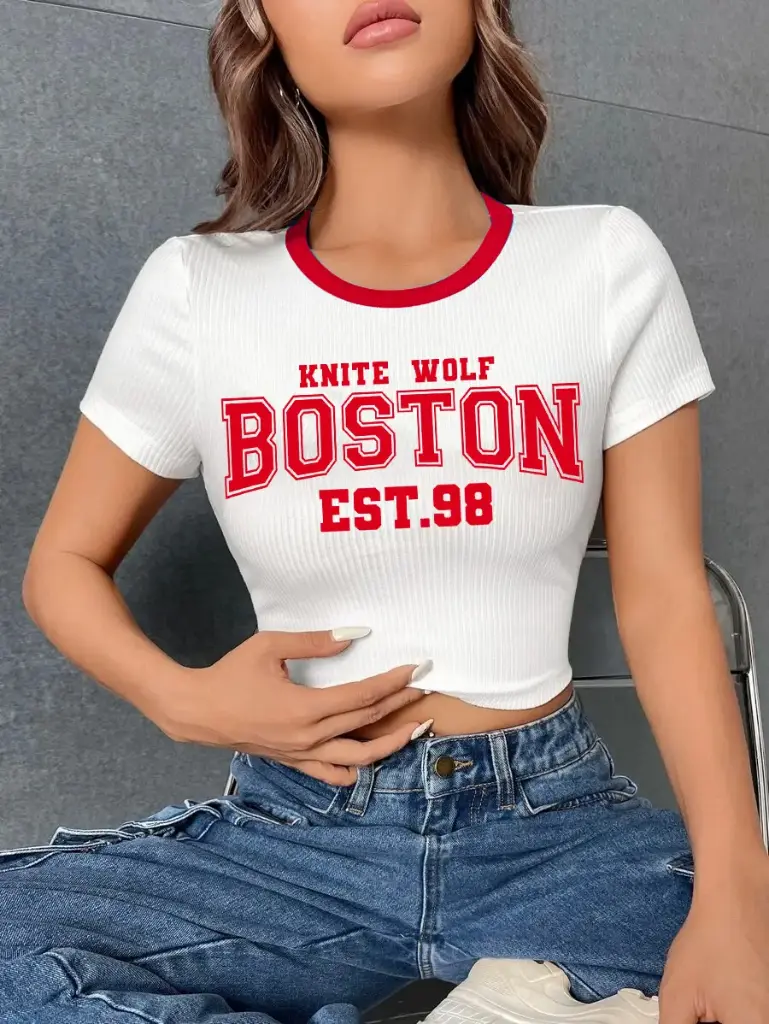 Knite Wolf Women's Half Sleeve Cotton Blend CropTop with Typography Print