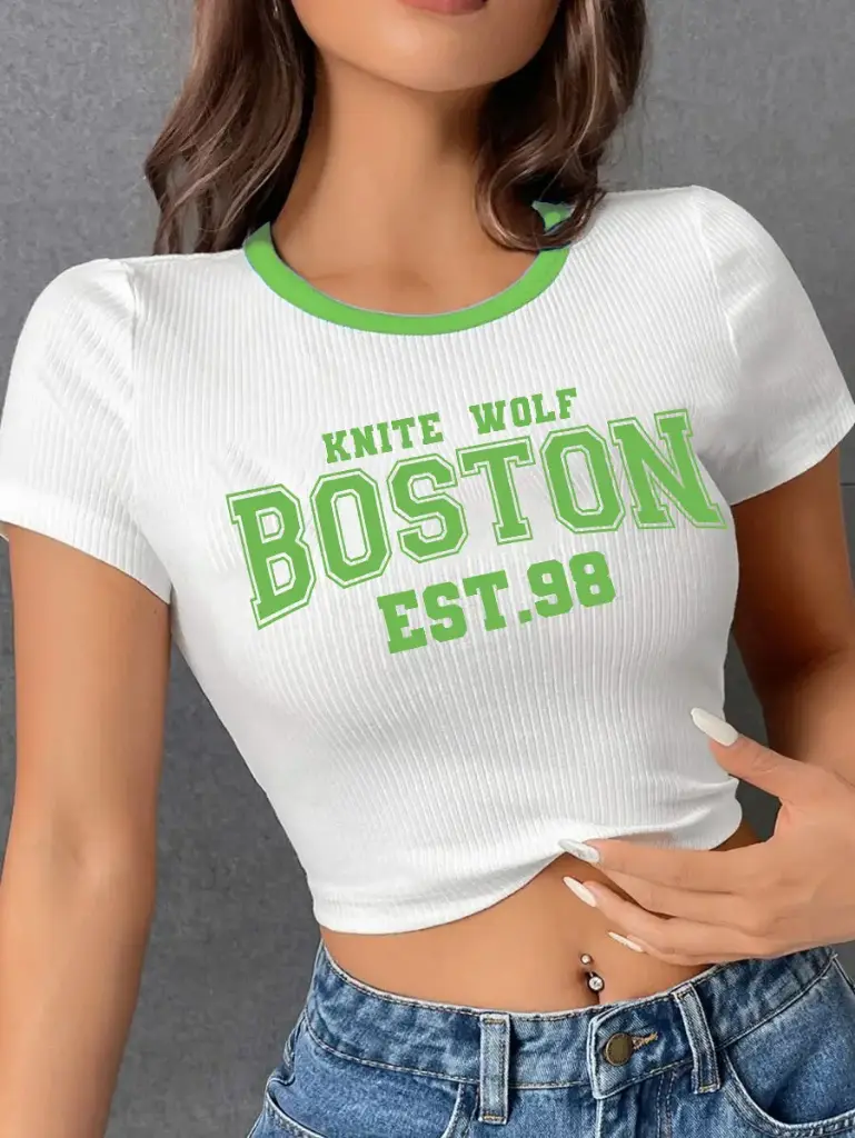 Knite Wolf Women's Half Sleeve Cotton Blend CropTop with Typography Print 