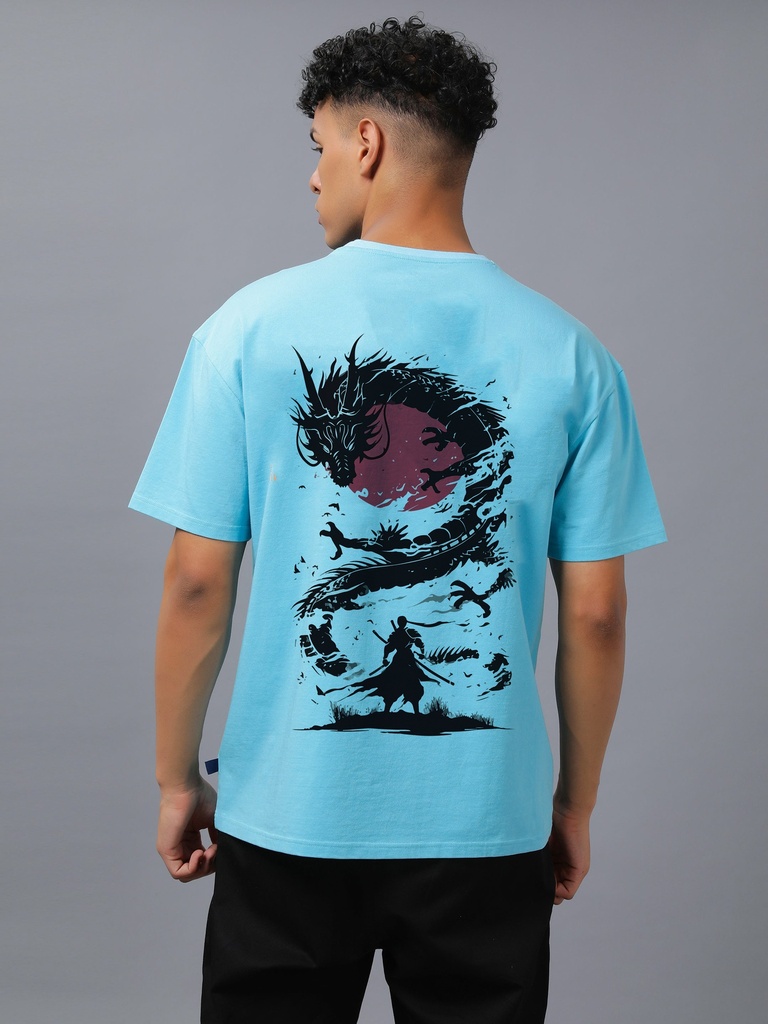 Knite wolf Mens overize premium t-shirt Dragon print 180 gsm Blue