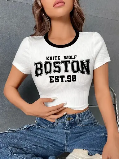 Knite Wolf Women's Half Sleeve Cotton Blend CropTop with Typography Print