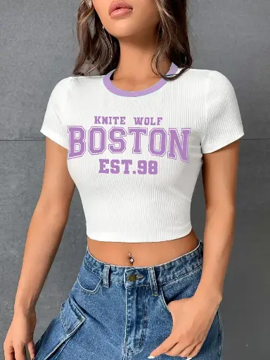 Knite Wolf Women's Half Sleeve Cotton Blend CropTop with Typography Print