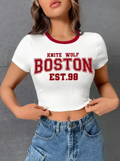 Knite Wolf Women's Half Sleeve Cotton Blend CropTop with Typography Print