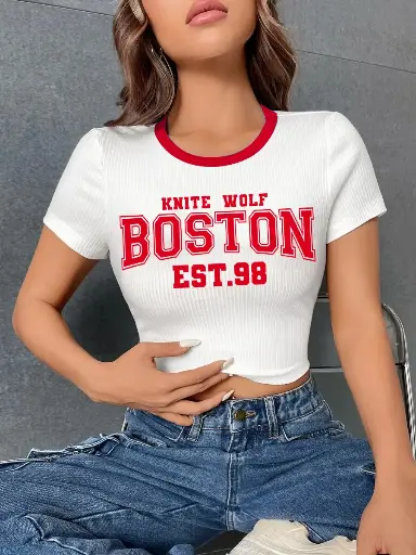 Knite Wolf Women's Half Sleeve Cotton Blend CropTop with Typography Print