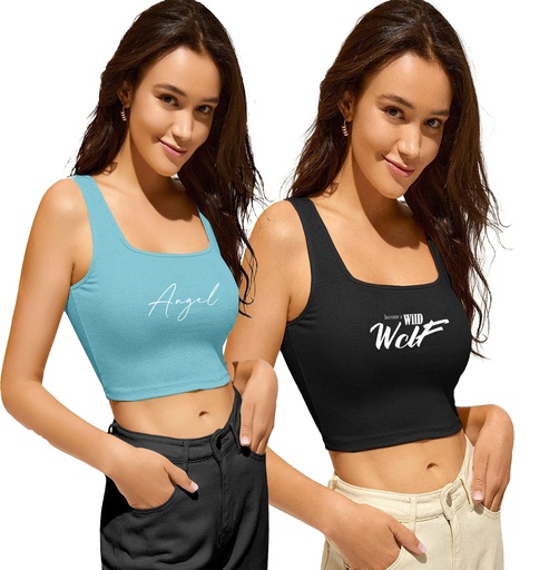 Knite Wolf Women Crop top scoop neck with graphic texture Pack of 2 (Blue & Black)