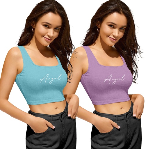 Knite Wolf Women Crop top scoop neck with graphic texture Pack of 2 (Blue & Lavender)