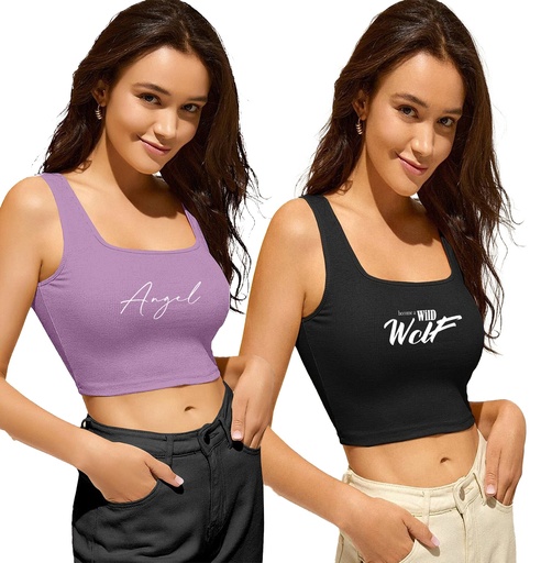 Knite Wolf Women Crop top scoop neck with graphic texture Pack of 2 (Black & Lavender)