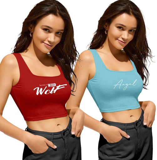 Knite Wolf Women Crop top scoop neck with graphic texture Pack of 2 (Red & Blue)