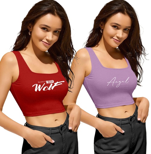 Knite Wolf Women Crop top scoop neck with graphic texture Pack of 2 (Red & lavender)
